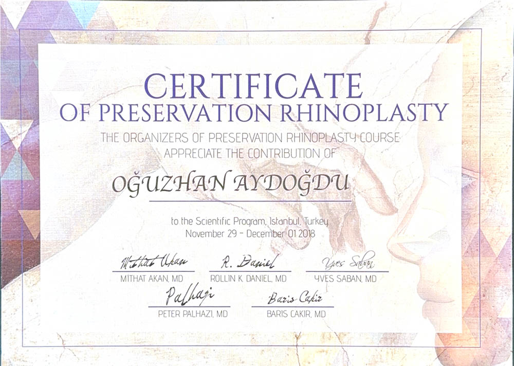 Op. Dr. Oğuzhan Aydoğdu Preservation rinoplasti sertifikası İstanbul