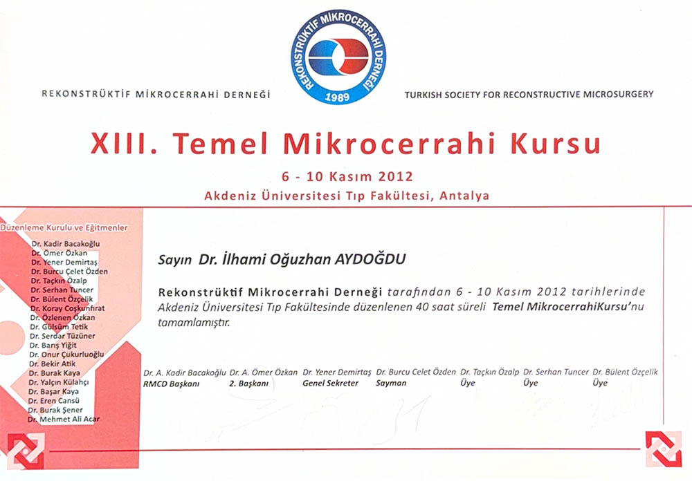 Op. Dr. Oğuzhan Aydoğdu Temel mikrocerrahi kursu Antalya sertifikası
