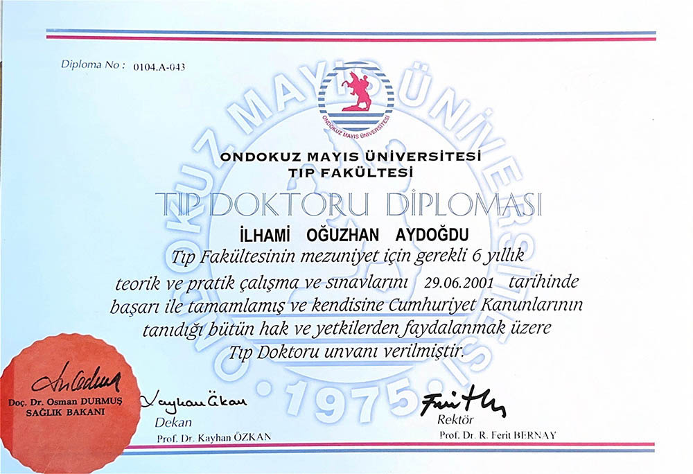 Op. Dr. Oğuzhan Aydoğdu Tıp doktoru diploması