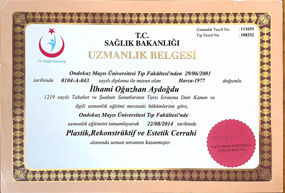 Op. Dr. Oğuzhan Aydoğdu Plastik, rekonstrüktif ve estetik cerrahi uzmanlık belgesi